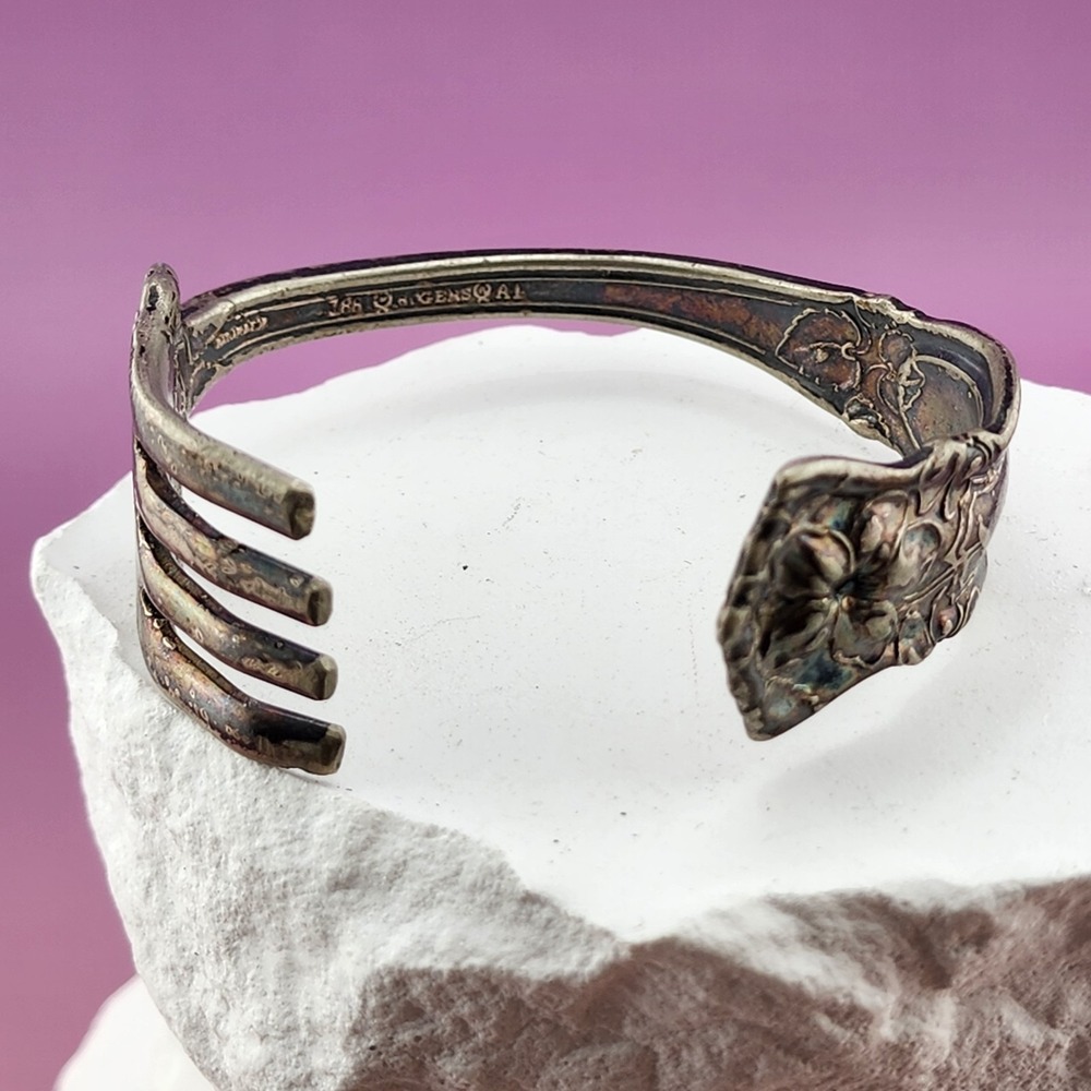 1881 Rogers A1 Silver plated Spoon Fork Cuff Bracelet Floral Repurposed Vintage